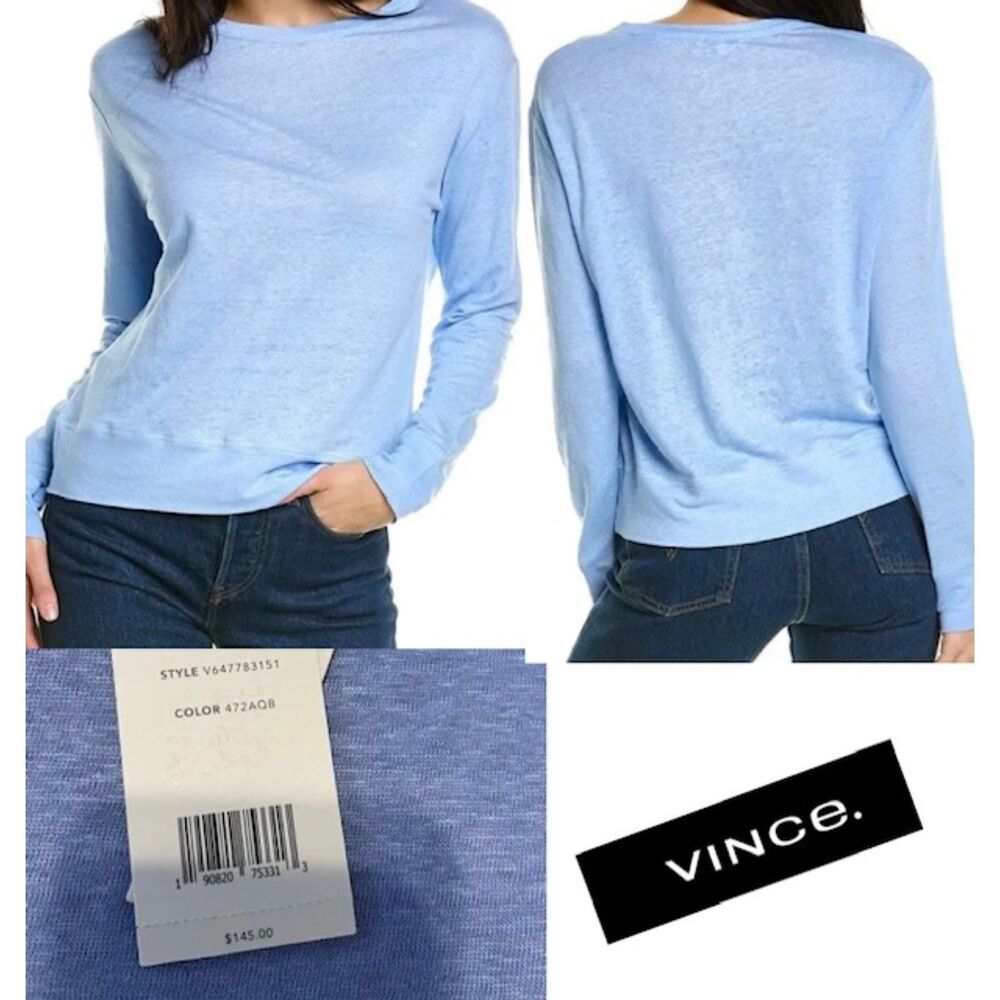 SZ XL Vince Women's 100% Linen Long Sleeve Pullover Top Light Blue